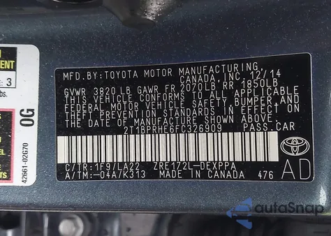 2015 Toyota Corolla Le Eco Premium из США, поврежденный, VIN 2T1BPRHE6FC326909